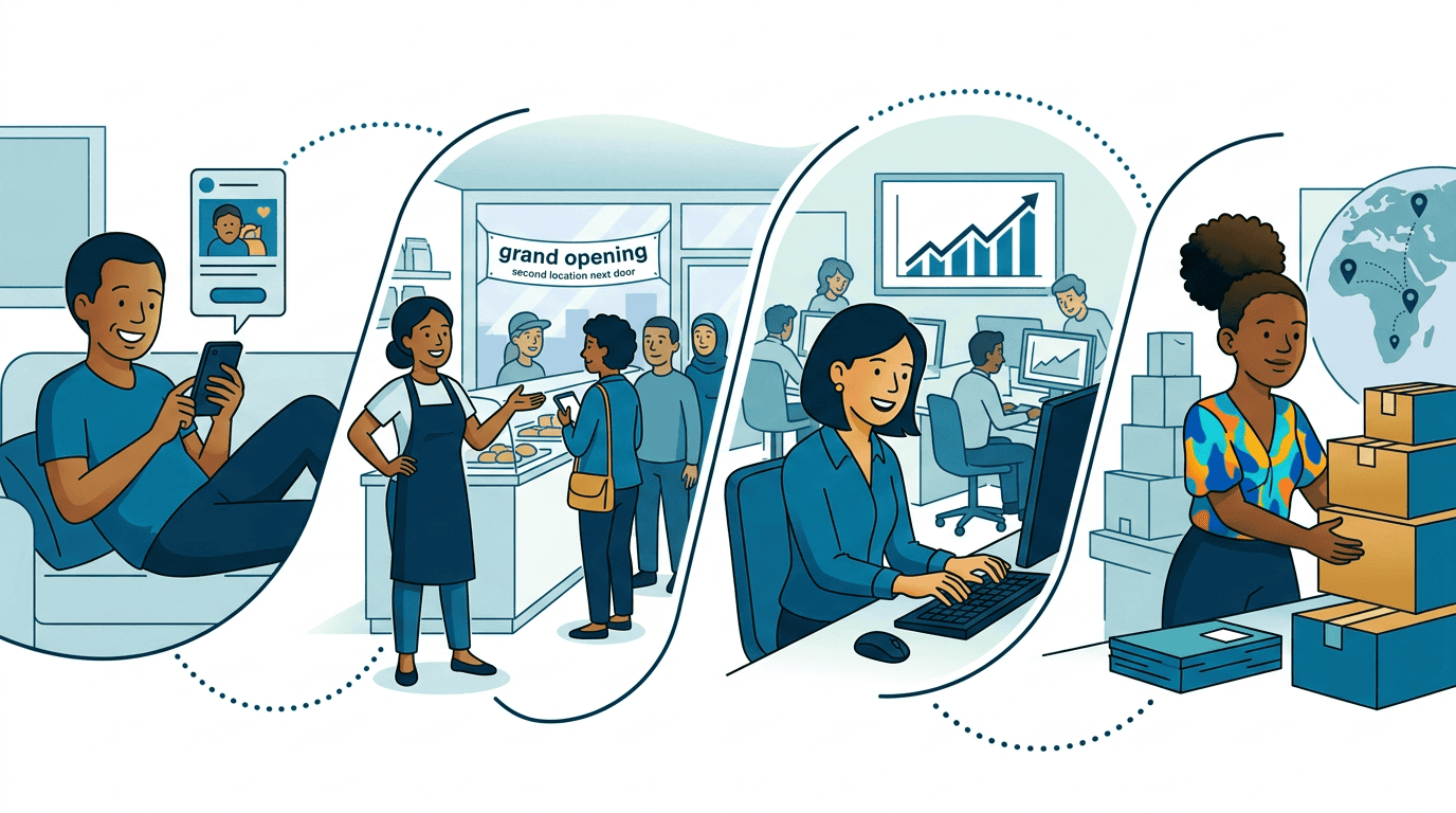 The same four people from Panel 1, now thriving: the consumer sees a relevant ad, the bakery has expanded, the newsroom is growing, and the Nairobi entrepreneur is shipping across the continent