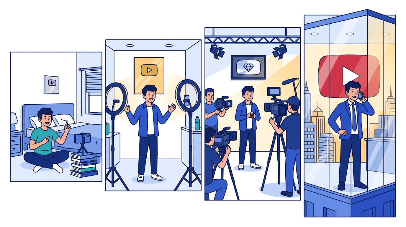 A creator's journey from filming alone in a bedroom with a silver play button to commanding a media empire with a ruby play button