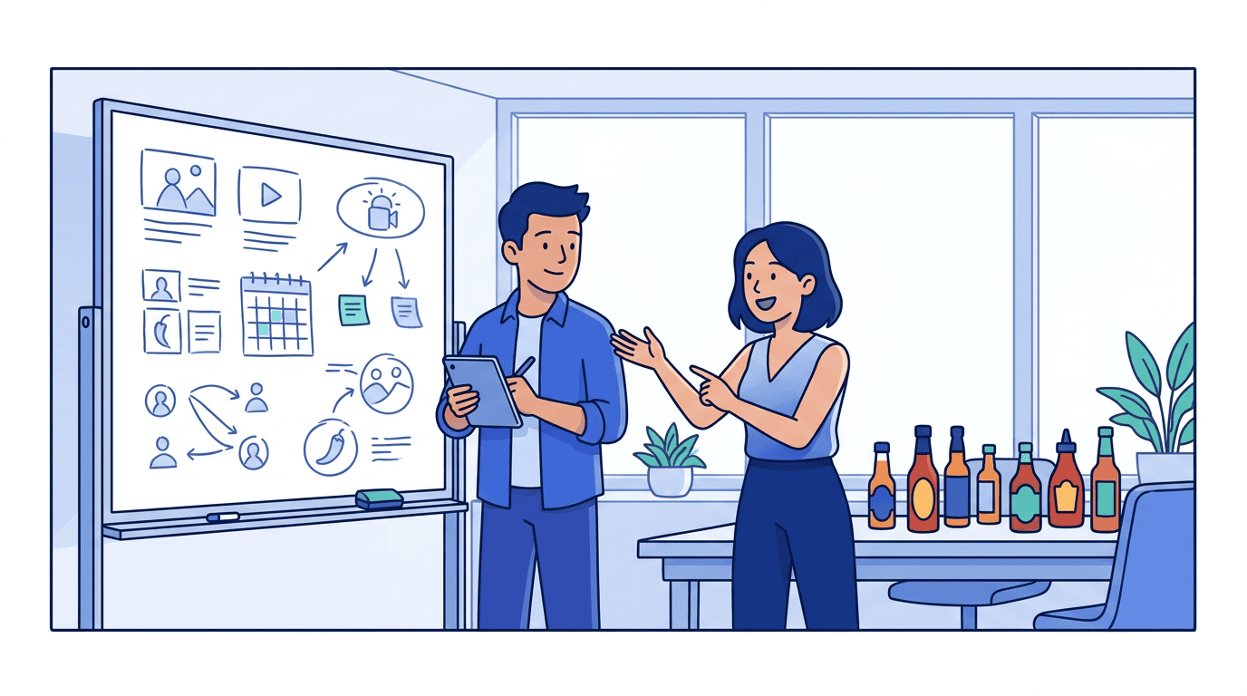 Ren and Juno planning together at a whiteboard — sketching new show concepts, freed from operational chaos to focus on what matters